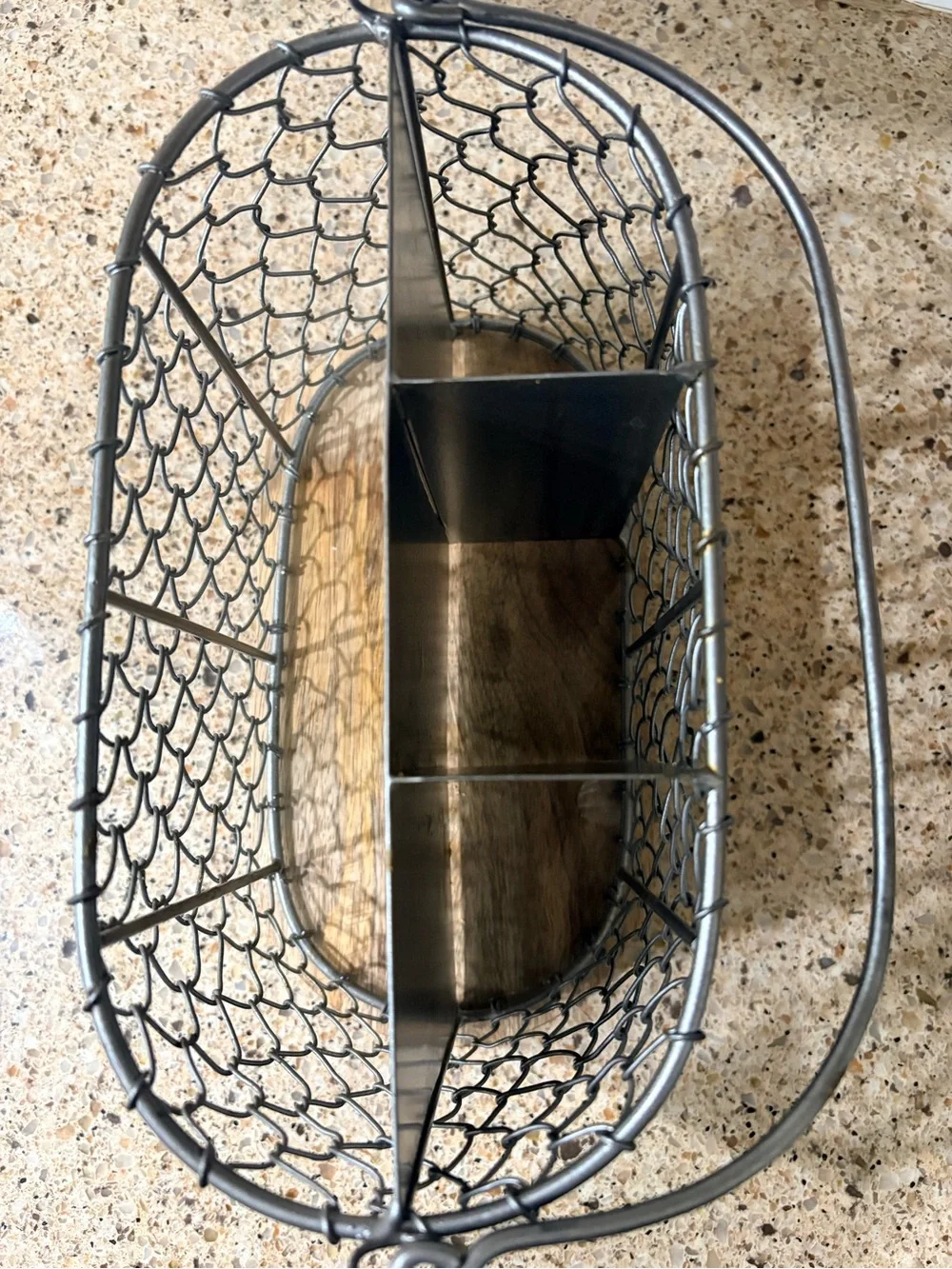 Rustic Metal Wire Organizer with Wood Base - Gray utensil holder- farmhouse